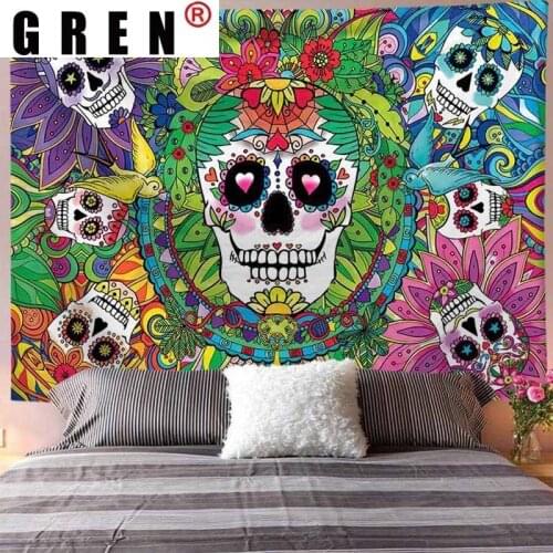 GREN Tapestry Wall Hanging Floral Hippie Skull Fabric Mural Background Cloth Wall Rugs Towel Beach Blanket Dorm Living Home Deco