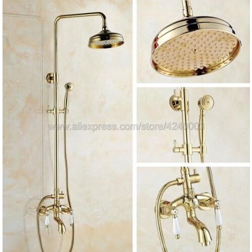 Golden Finish Wall Mounted Shower Faucet Bathroom Rainfall Shower System Set Faucet Tub With Handheld Sprayer Kgf421
