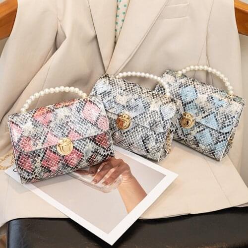 YaoKu 2021 New Fashion Serpentine Small Square Bag Pearl Portable Shoulder Messenger Bag Wallet purse