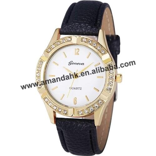Wholesale women rhinestone leather watch for men gold case watch quartz casual elegance style wrist watch