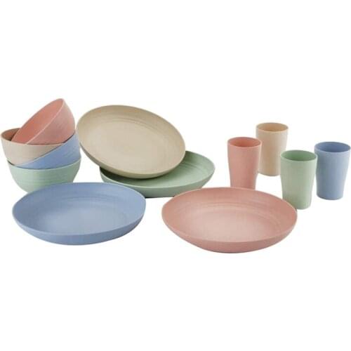 Wheat Straw Plates Bowls and Cups Dinner Set,Microwave Dishwasher Safe,for Home Caravan Picnic Camping,12 Piece