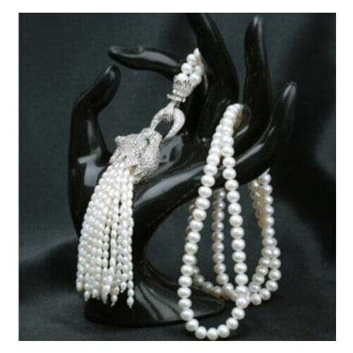 Luxury Leopard Head Pendants Natural 6-7mm Pearl Necklaces Tassel Pendant Fashion Women Necklace Jewelry Mirco Zircon 32inch lon