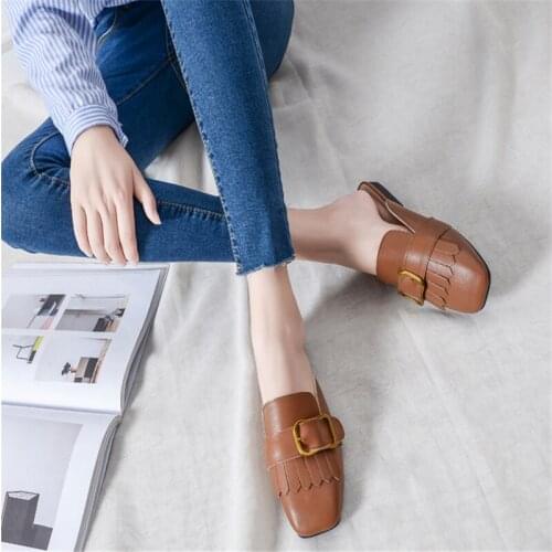 Female Winter Leather Square Slides Ladies Designer Platform Lazy Slippers Womens Mules Shoes Girls Flip Flops Home Sandals