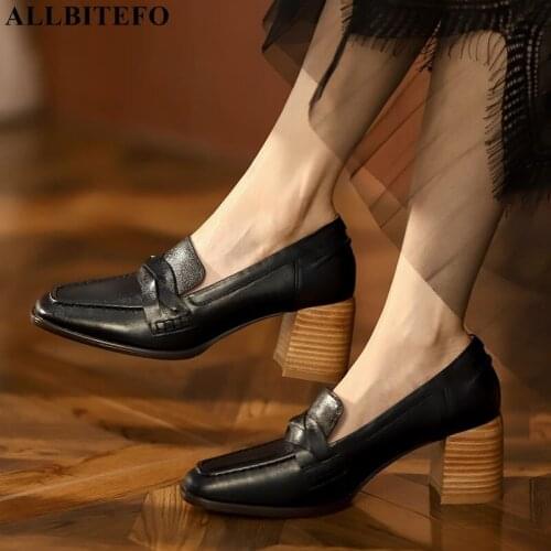 ALLBITEFO High quality genuine leather thick heels office ladies shoes women heels shoes square toe high heels shoes stiletto