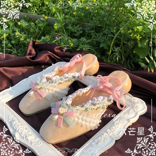 Handmade Shoes Woman Lolita Sweet French Retro Ankle Lace-up Mules Shoes Square Toe Ballet Flats Shoes Sweet Pink Girl Shoe