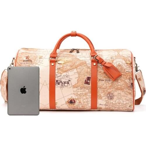 Women PU leather handbag girl map travel bag waterproof business shoulder bags retro large capacity fitness Ms storage handbags