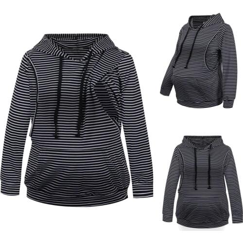 Women Maternity Hoodies Striped Print Long Sleeve V-neck Hoodie Sweatshirts Top Mom Pregnant Nursing Winter Warm Clothes Blouse