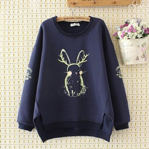 Rabbit Print Students Women Japan Kawaii Hoodie Long Sleeve O-Neck Cotton Fleece Sweatshirt Pullover Autumn Outerwear Harajuku