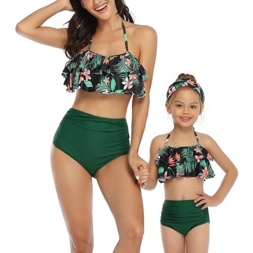 Women Kids Swimsuit Two Piece Fashion Sexy Print Ruffled High Waist Split Bathing Suits Bikini Beach Dress Up