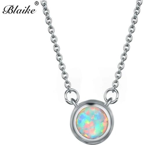 Blaike White/Blue Fire Opal Round Pendants Necklaces for Women Silver Color Birthstone Necklace Engagement Jewelry