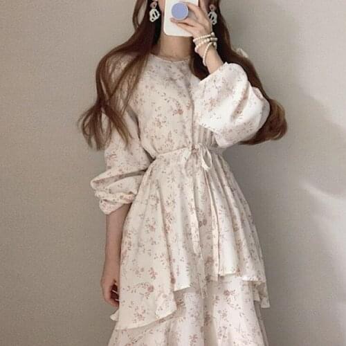 French retro round neck double-layer ruffled lace-up waist irregular chiffon floral dress women