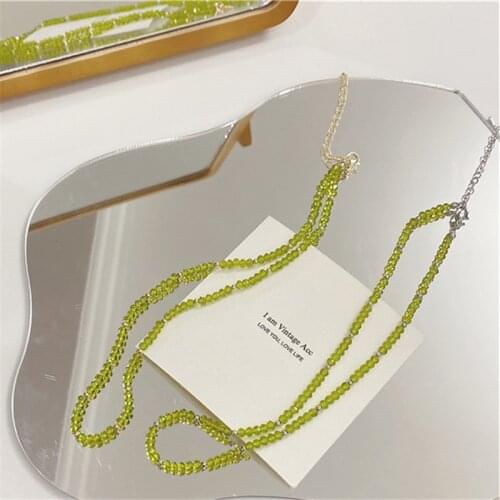 AOMU Summer Vintage Green Transparent Crystal Resin Beaded Necklace Irregular Geometric Thin Long Clavicle Chain for Women Gifts