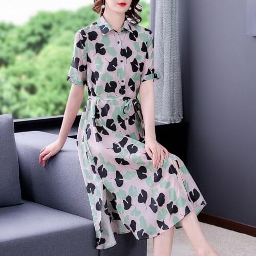 2021 Women Elegant Casual Print Mulberry Silk Shirt Dress Summer Vintage 3XL Plus Size Chiffon Midi Dress Bodycon Party Vestidos