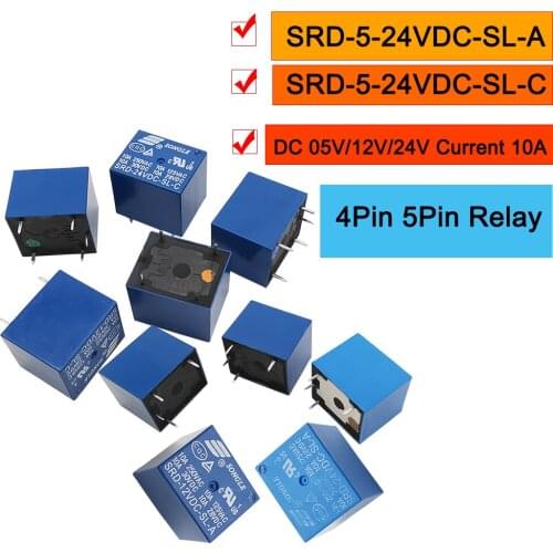 10Pcs/Lot 4Pin 5Pin Relay SRD-05VDC-SL-A/C SRD-12VDC-SL-A/C SRD-24VDC-SL-A/C 05V 12V 24V DC Power Home Appliance PCB Relay Board