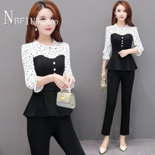 2020 Autumn New Korean Women Sets Polka Dot Patchwork Blouse And Ankle Length Pants Female Sets