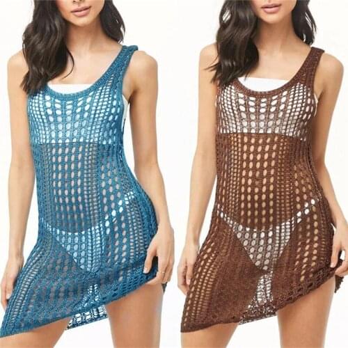 2021 Crochet Dress Knitted Beach Cover up dress Tunic Long Pareos Bikinis Cover ups Swim Cover up Robe Plage Beachwear #Q789
