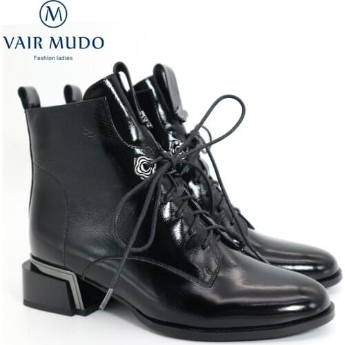 VAIR MUDO Ankle Boots Shoes Patent Leather Elegant Lace Up Round Toe Cross-Tied Thick Heels Short Plush Motorcycle Boot DX83