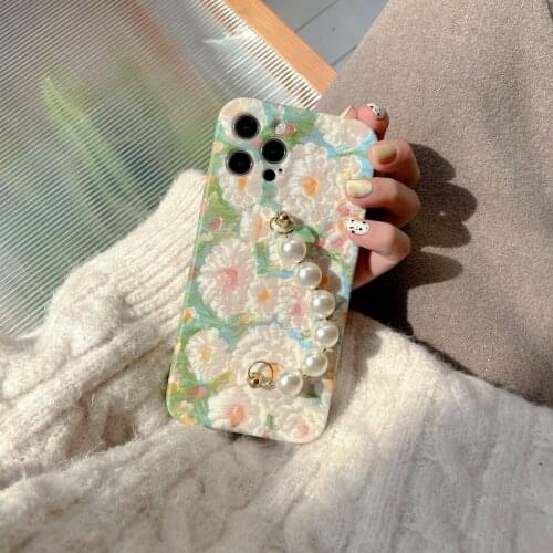 Oil Painting Pearl Chain Phone Case For Apple iPhone 12 Promax 11 Mini XS XR 7 8 Plus SE Bright Pattern Beautiful Back Fundas