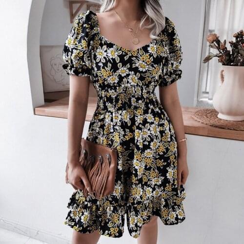 Floral Print Dresses Women 2021 Summer Square Collar Ruffle Casual Beach A Line Dress Female Mini Puff Sleeve Party Vestidos