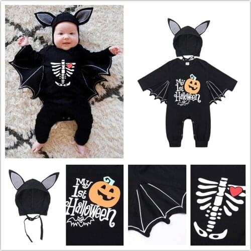 Infant Halloween Costume Bat Romper Baby Boy Clothes Skull Autumn Playsuits Newborn Beanie Pumpkin One-piece Set
