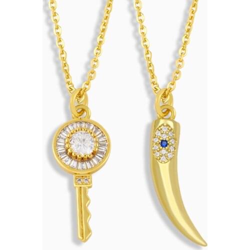 FLOLA Micro Pave Key Necklace For Women Evil Eye Horn Pendant Necklace Zirconia CZ Copper New Design Gold Plated Jewelry nket93