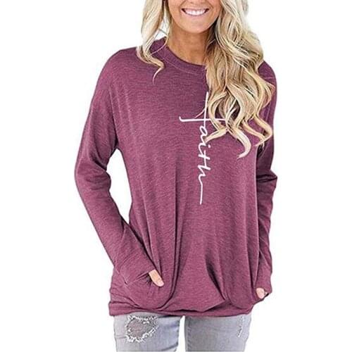 Long Sleeve Tshirt Women Clothes 2021 Summer Faith Print O-neck Fashion Pocket Loose Oversize Ladies Tops Casual Tee Shirt Femme