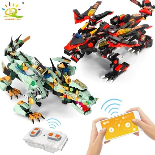 HUIQIBAO Ninja Dark Armed Dragon knight Electric Remote Control Building Blocks Technical Movable RC Bricks Toys Dragon Kids