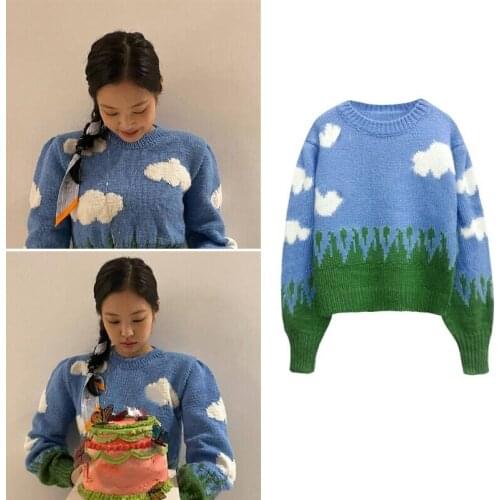 Kpop Korean Celebrity Autumn New Fashion O-Neck Pullovers Puff Sleeve Sweaters Female Student Sweet Loose Wild Warm Sweater Coat