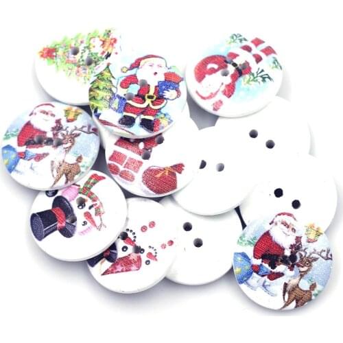20PCS 25mm Mixed Christmas Patterns Round Wood Sewing Buttons 2 Holes DIY Coat Scrapbook Knitting Bag Decor Repair Accessories