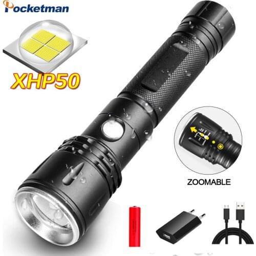 20000LM Pocketman XHP50 LED Flashlight Waterproof Zoomable Torch Tactical Flashlights Self-Defense Hand Light Camping Flashlight