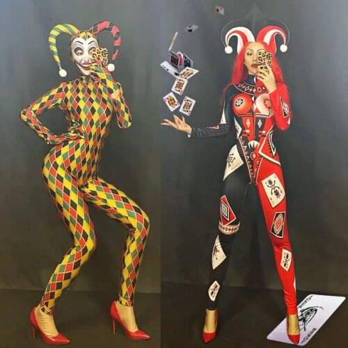 Halloween Cosplay Bodysuit Nightclub DJ Playing Card Magician Printing Jumpsuit Women Pole Dancing Festival Rave Outfits DWY4683