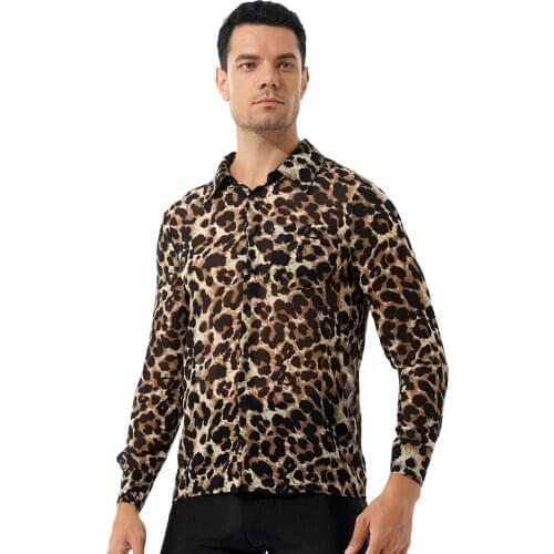 Men Streetwear Fashion Chiffon T-shirt See-through Leopard Print Button Shirt Turn-down Collar Long Sleeve Nightclub Exotic Tops