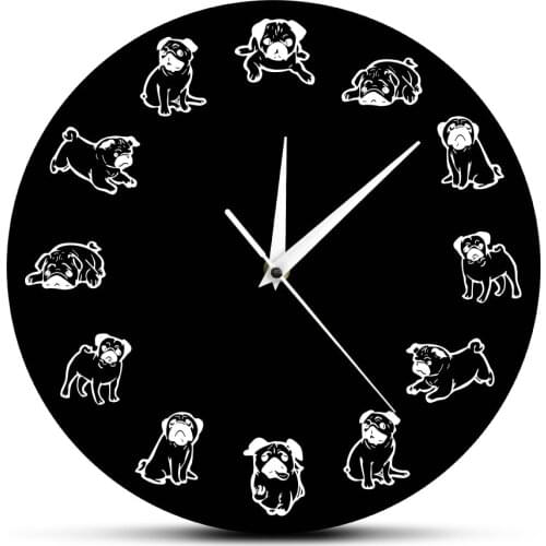 Cartoon Puppy Dog Breed Wall Clock Funny Pug Dog Wall Art Print Modern Clock Watch Vet Office Decor Veterinarian Pet Owner Gift