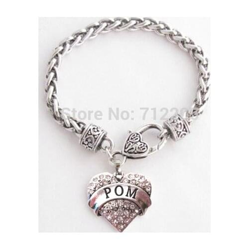 New 50pcs a lot best-selling antique silver color POM with clear Crystal Heart Lobster Claw Bracelet