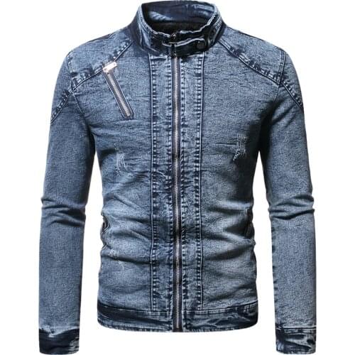 2020 Autumn Winter New Fashion Leisure Mens Solid-color Stand-up Collar Zip Pocket Slim Velvet Thermal Mens Denim Jacket