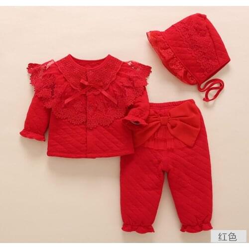 3pcs Newborn baby girl fall winter clothes outfits & warm padded top outerwear+pants+hat pink lace princess outfits