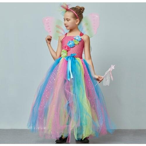 Pastel Rainbow Tutu Dress with Wing and Headband Girls Butterfly Fairy Birthday Photo Prop Costume Glitter Flower Ball Gown Robe
