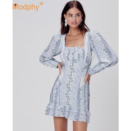 2020 Autumn New Floral Print A-Line Dress Retro Square Neck Puff Sleeve Lace Stitching Ruffled Club Party Mini Dress Vestidos