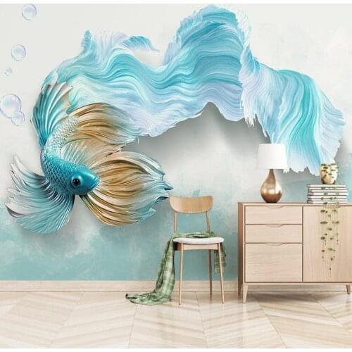 Custom Self-adhesive Mural Wallpaper Modern 3D Abstract Blue Fish Living Room Sofa TV Backdrop Waterproof Stickers Wall Bedroom