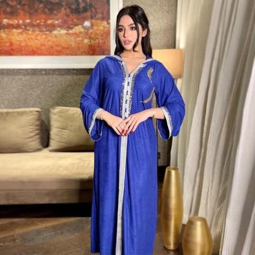 Ramadan Eid 2021 Muslim Diamond Hooded Abaya Blue Dress for Women Moroccan Kaftan Dubai Jalabiya Arabic Middle East Clothing