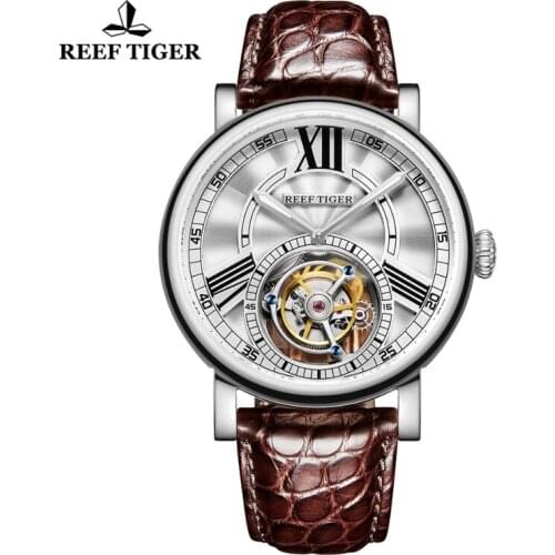 Reef Tiger/RT Top Brand Luxury Men Mechanical Watch 100% Real Tourbllon Watch Alligator Leather Strap Watches