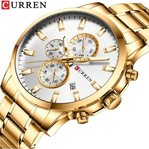 Luxury Brand Curren Mens Business Watches Gold Stainless Steel Quartz Watch For Men Luminous Hands Chronograph Waterproof Reloj