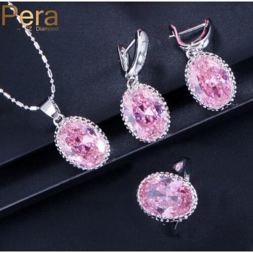 Pera 7 Colors Option Fashion Women Pink Cute Austria Crystal Stone Big Dangle Drop 3 Piece Jewelry Set For Engagement Party J175