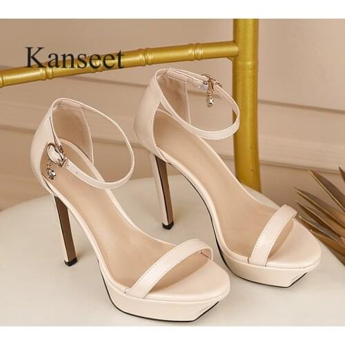 Kanseet Genuine Leather Sandals Women 2021 New Summer Sexy Thin High Heels Party Prom Ankle Strap Female Shoes Ladies Footwear