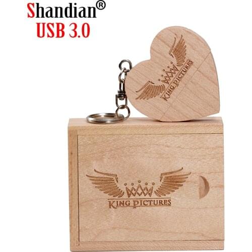 POWERONE Usb Flash Drive USB 3.0 Wooden Heart+Box 4GB 8GB 16GB 32GB 64GB Free Custom Logo Memory Stick Pen Drive Creative Gifts