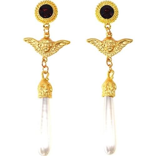 Vintage Baroque Style Anniversary Jewelry Big Pearl&Angel Golden Drop Earrings Hyperbole Women Accessories