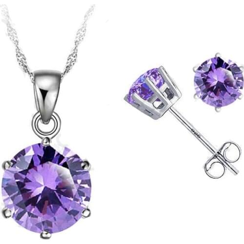 925 Sterling Silver Cubic Zirconia Wedding Jewelry Sets For Women Rhinestone Engagement Round Pendant Hoop Earrings Set Gift