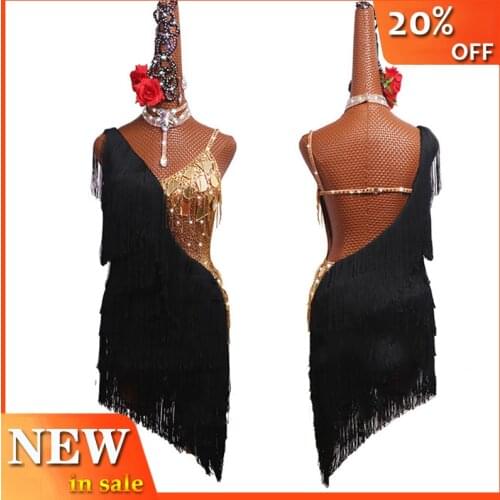 Latin Dance Competition Dress Gold Mirror Dress Women Performance Black Fringe Dress Sequin Clothing Rumba Dance Costume BL3002