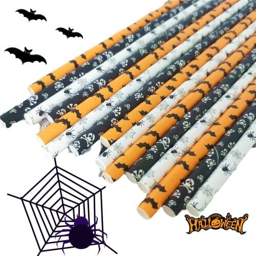 200 pcs Black Orange White Skull Bat Spider Web Halloween Paper Straws Bulk-Cobweb Skeleton Horror Party Drinking Supplies Decor