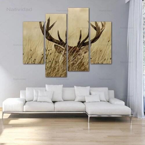 4 Pieces Hd Print Deer Stag with Long Antler In The Bushes Animals Wall Art Pictures and Prints Decor for Living Room No Frame